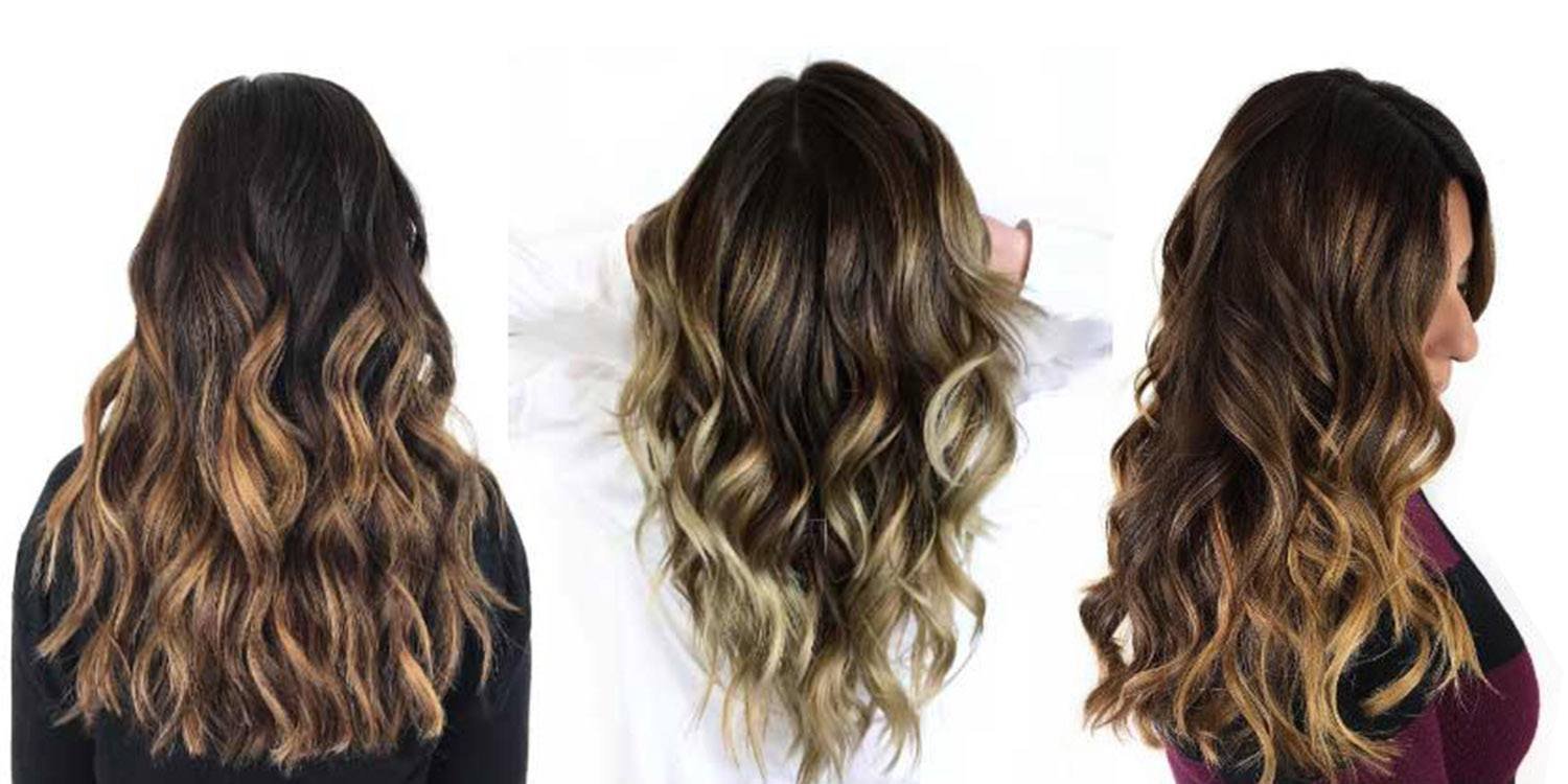Three back views of wavy hairstyles: dark brown with caramel highlights, ash blonde with soft waves, and dark brown with golden highlights.