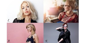 A collage of four images: 1. A woman model with blonde wavy hair wearing a black top. 2. A woman model with blonde hair in a bun holding a book at a desk. 3. A woman model with blonde hair in a fishtail braid against a pink wall. 4. A woman model with short red hair wearing a black leather jacket and glasses.
