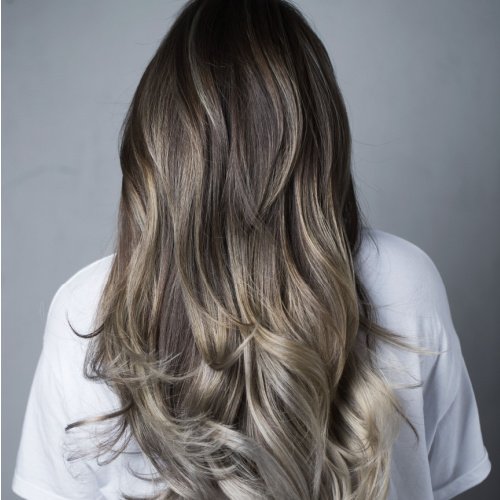 Back view of long, wavy hair with ash brown and blonde highlights.